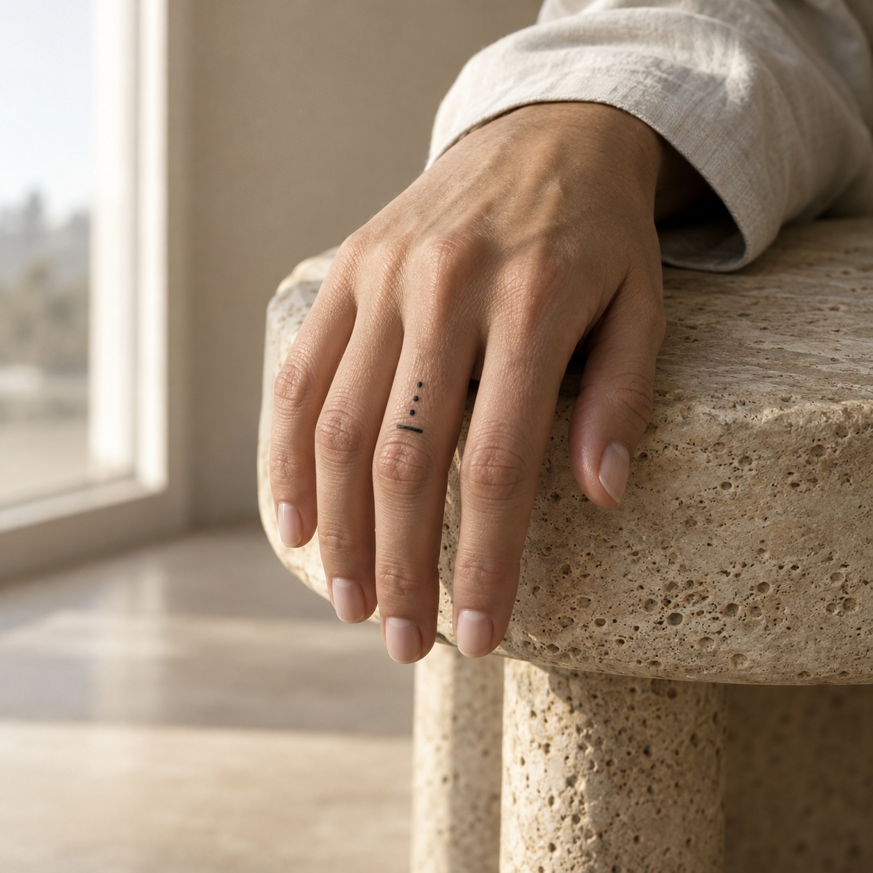 Ring finger knuckle with a small motif of three dots and one bold line