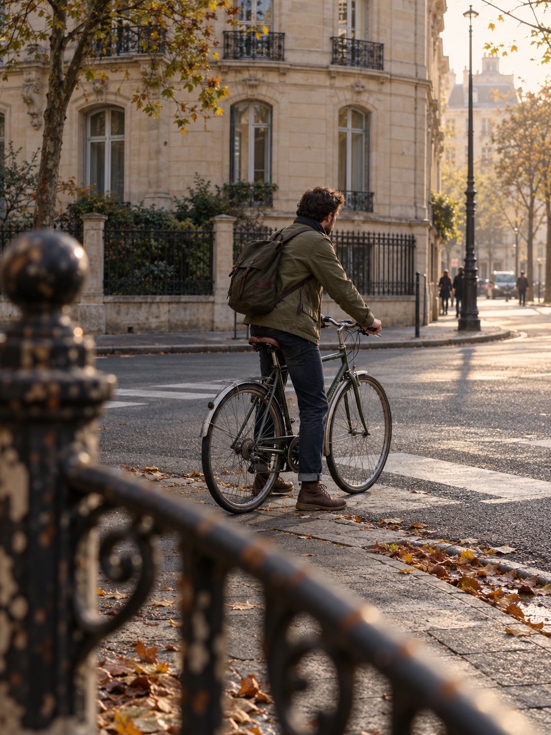 Foreground middle ground and background layering Out-of-focus iron railing in the foreground, a cyclist in the middle ground, and a stone building behind, forming three layers of depth | Sky Rye Design Out-of-focus iron railing in the foreground, a cyclist in the middle ground, and a stone building behind, forming three layers of depth