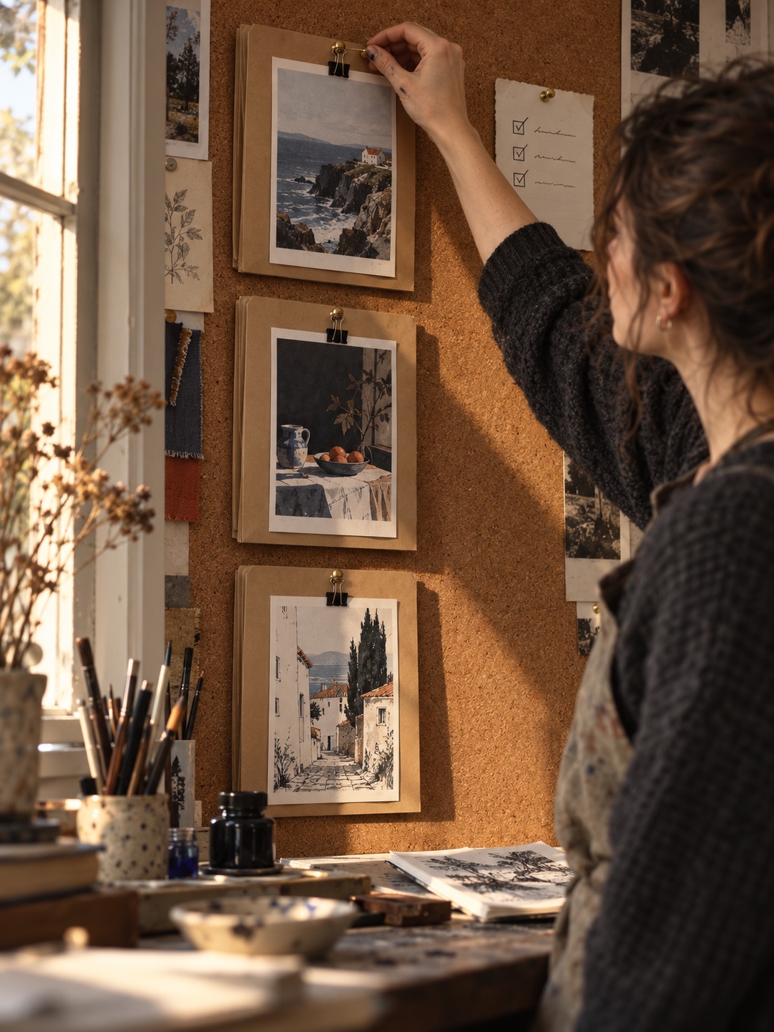 Three projects this week Illustrator pins three project folders to a corkboard and ticks items on a short handwritten checklist beside them | Sky Rye Design Illustrator pins three project folders to a corkboard and ticks items on a short handwritten checklist beside them