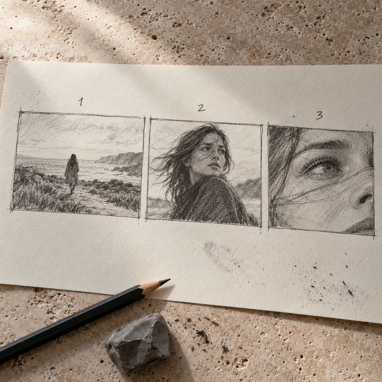 Three storyboard shots with distinct camera distances Three pencil storyboard thumbnails showing wide, medium close, and close views | Sky Rye Design Three pencil storyboard thumbnails showing wide, medium close, and close views