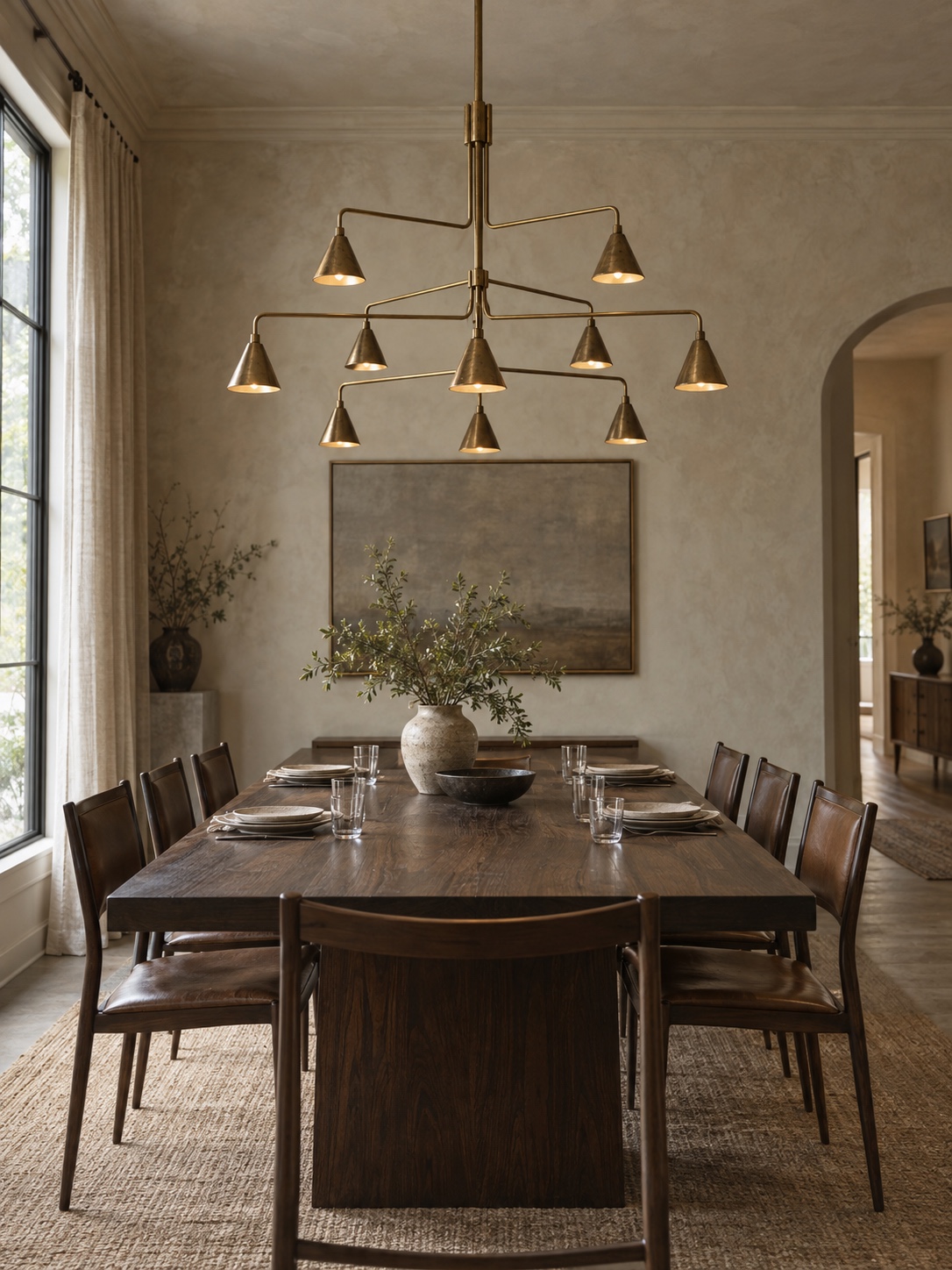 Tiered natural brass chandelier with cone shades above a dark wood dining table
