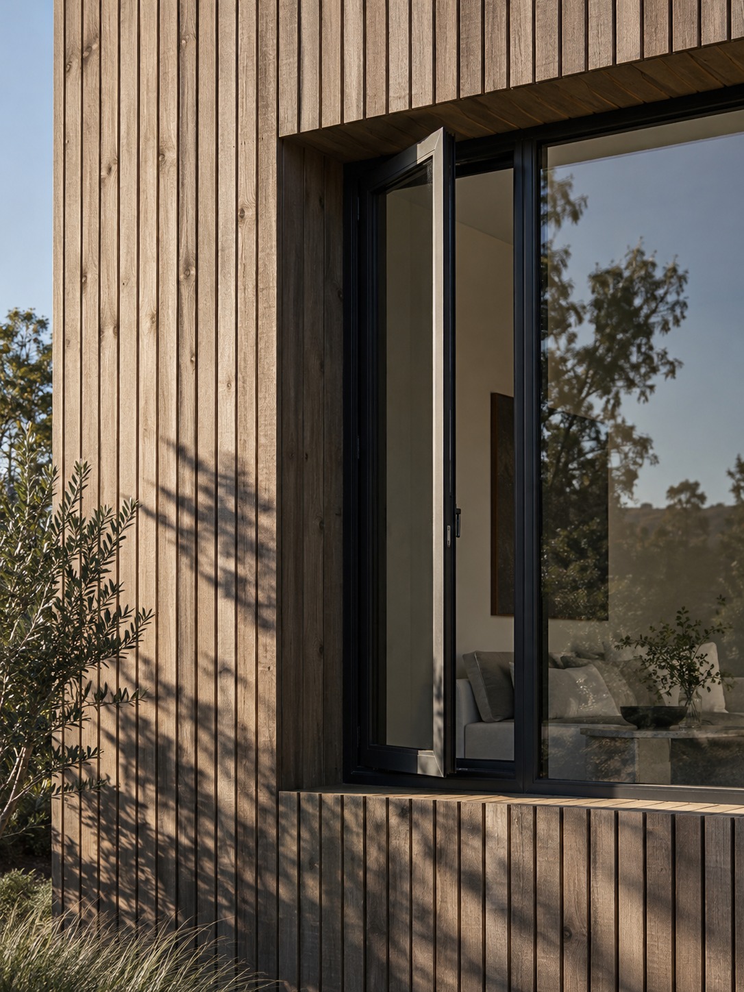 Timber facade window reveals Shadowed window reveals beside vertical timber cladding | Sky Rye Design Shadowed window reveals beside vertical timber cladding