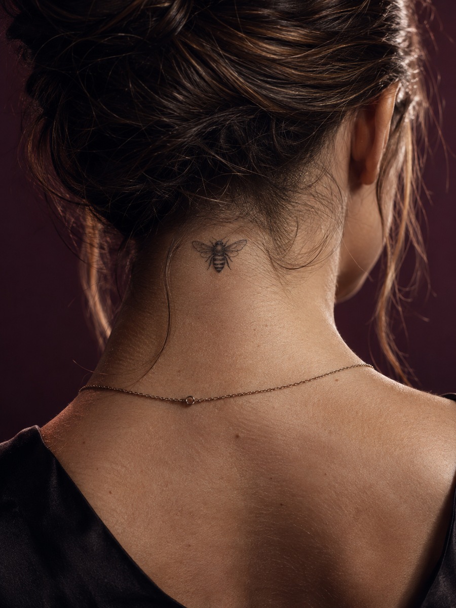 Tiny outline bee tattoo at the nape hairline