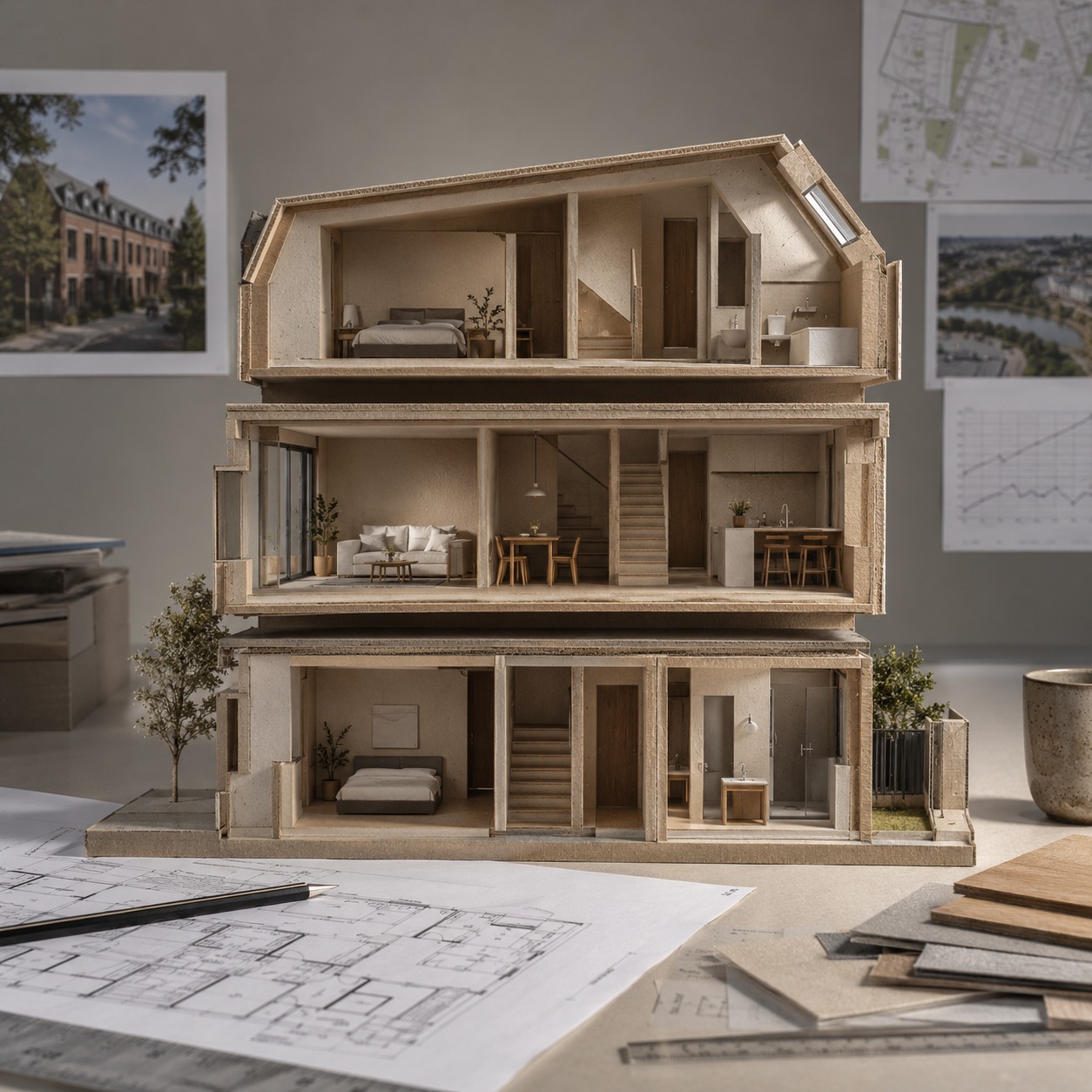Townhouse section model floor plans Stacked cardboard townhouse section models showing different room layouts | Sky Rye Design Stacked cardboard townhouse section models showing different room layouts
