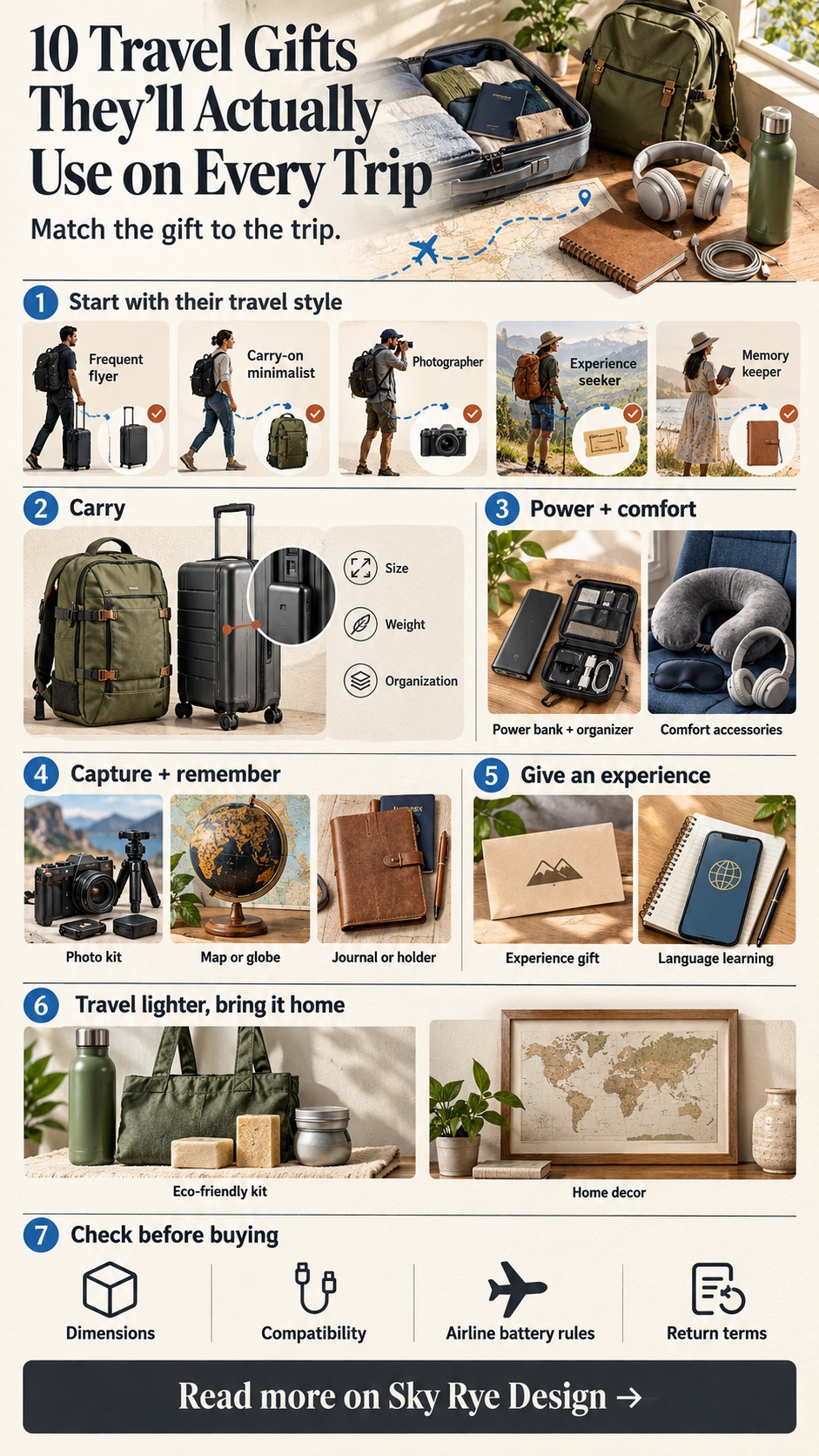 Infographic matching ten practical travel gift ideas to traveler types, from luggage and power to experiences and journals