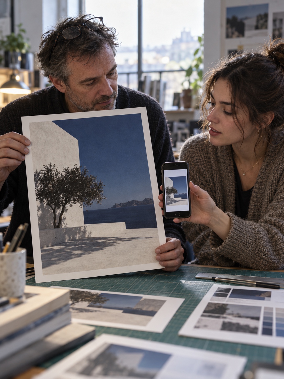 Checking the print against the thumbnail Two designers at a worktable compare a large printed project cover with the same image shown as a small thumbnail on a phone | Sky Rye Design Two designers at a worktable compare a large printed project cover with the same image shown as a small thumbnail on a phone