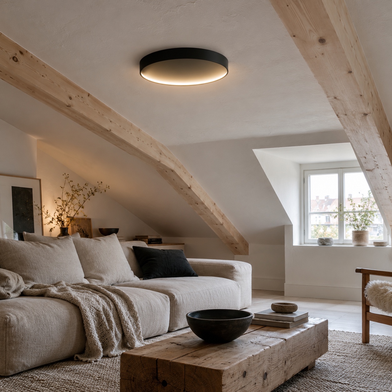 Ultra-slim black flush mount light under a low ceiling An ultra-slim black ceiling light fits between pale timber beams in a low attic room. | Sky Rye Design An ultra-slim black ceiling light fits between pale timber beams in a low attic room.