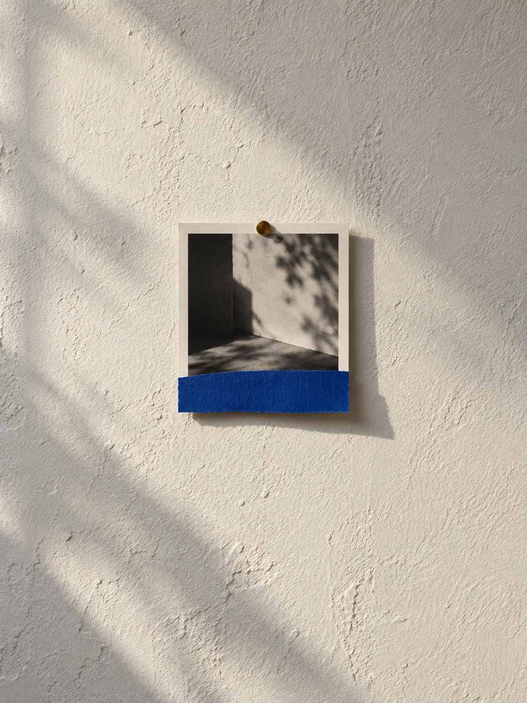 Abstract black and white photograph pinned to a pale wall with its date hidden