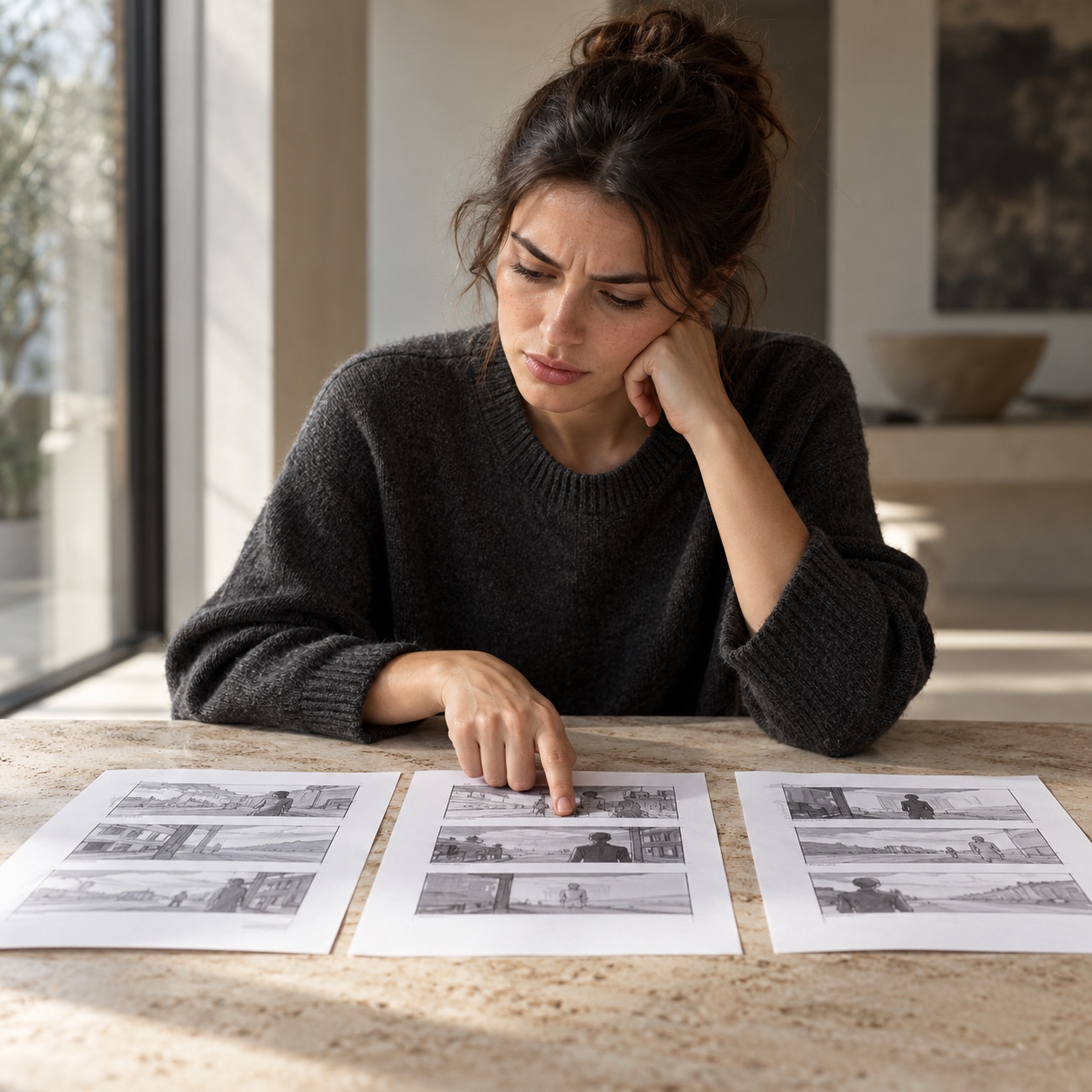 Unfamiliar viewer reviews a storyboard A viewer pointing to the second frame while reviewing three printed storyboard panels | Sky Rye Design A viewer pointing to the second frame while reviewing three printed storyboard panels