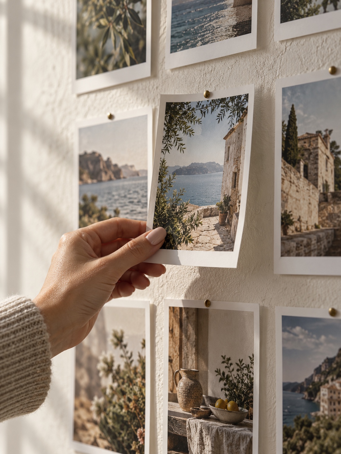 A hand removing one printed photograph from a wall grid while the rest stay pinned soft window light A hand removing one printed photograph from a wall grid while the rest stay pinned, soft window light | Sky Rye Design A hand removing one printed photograph from a wall grid while the rest stay pinned, soft window light