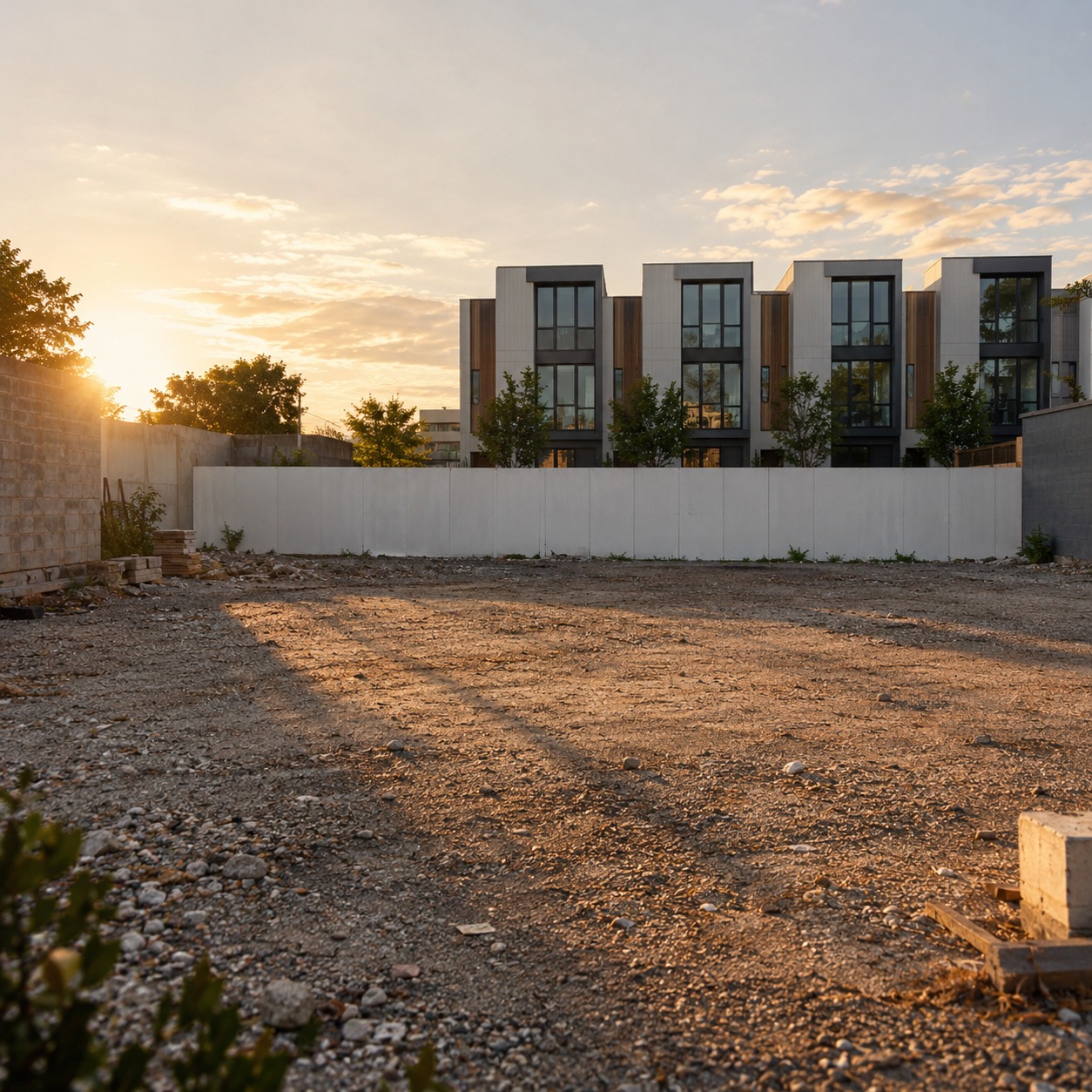 Urban infill development site Empty urban infill plot with gravel, white hoarding and townhouses beyond | Sky Rye Design Empty urban infill plot with gravel, white hoarding and townhouses beyond