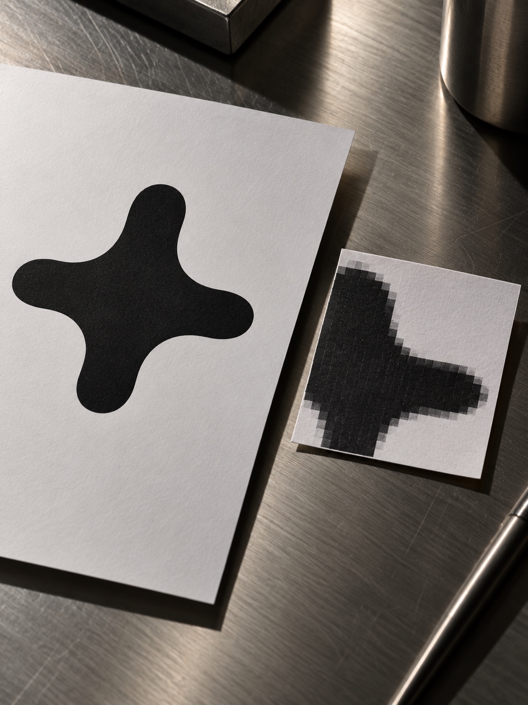 Crisp vector shapes sit beside a visibly pixelated enlarged version on a steel desk.