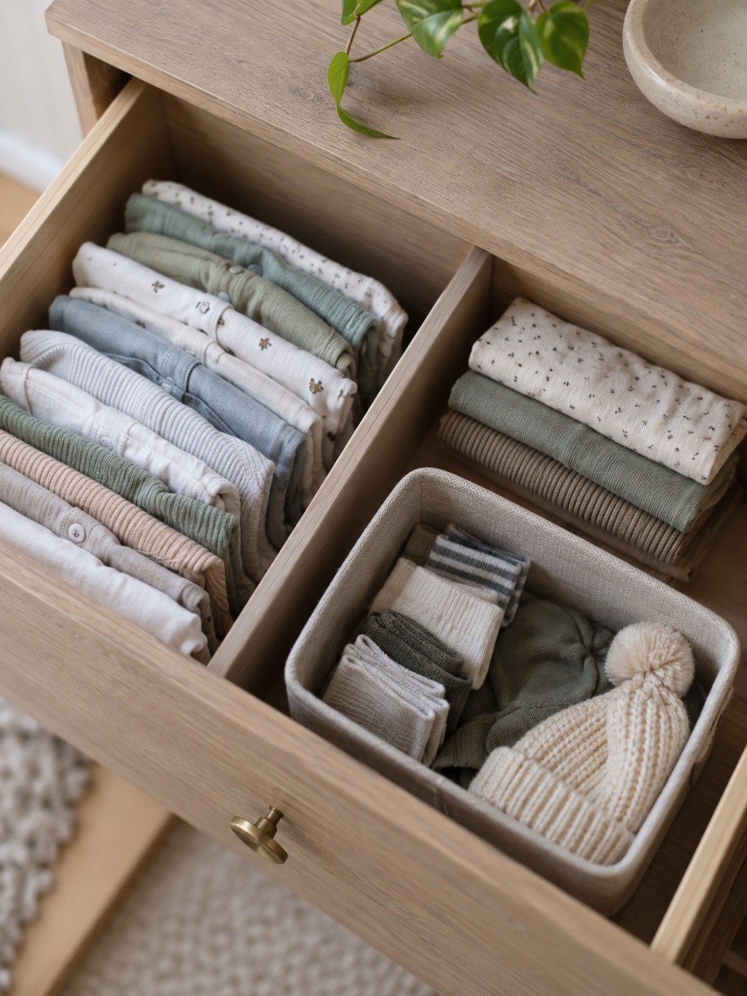 Vertical folded clothes short stacks Upright baby clothing rows beside short stacks and a bin for small items | Sky Rye Design Upright baby clothing rows beside short stacks and a bin for small items