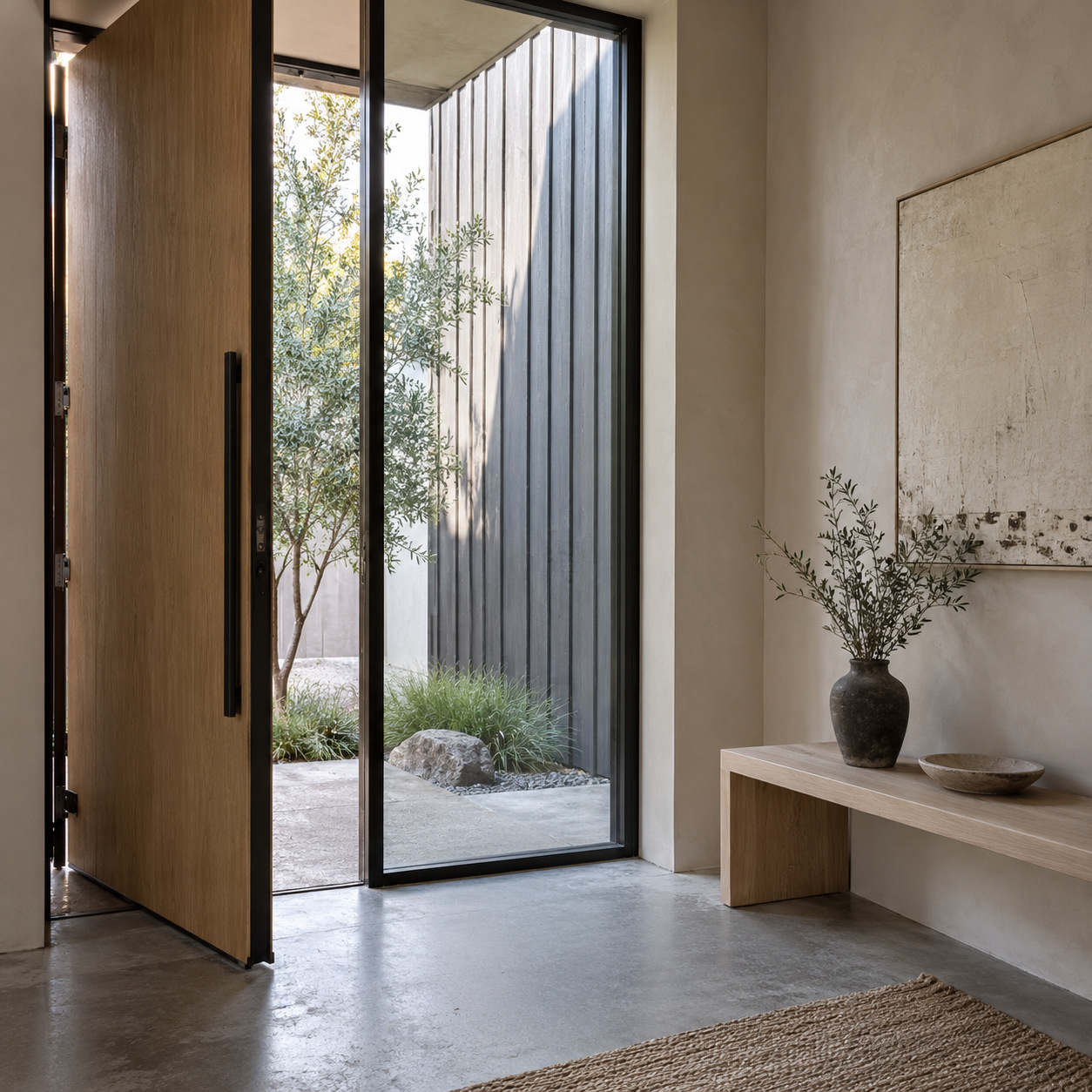 Tall entry hall looking toward vertical siding outside
