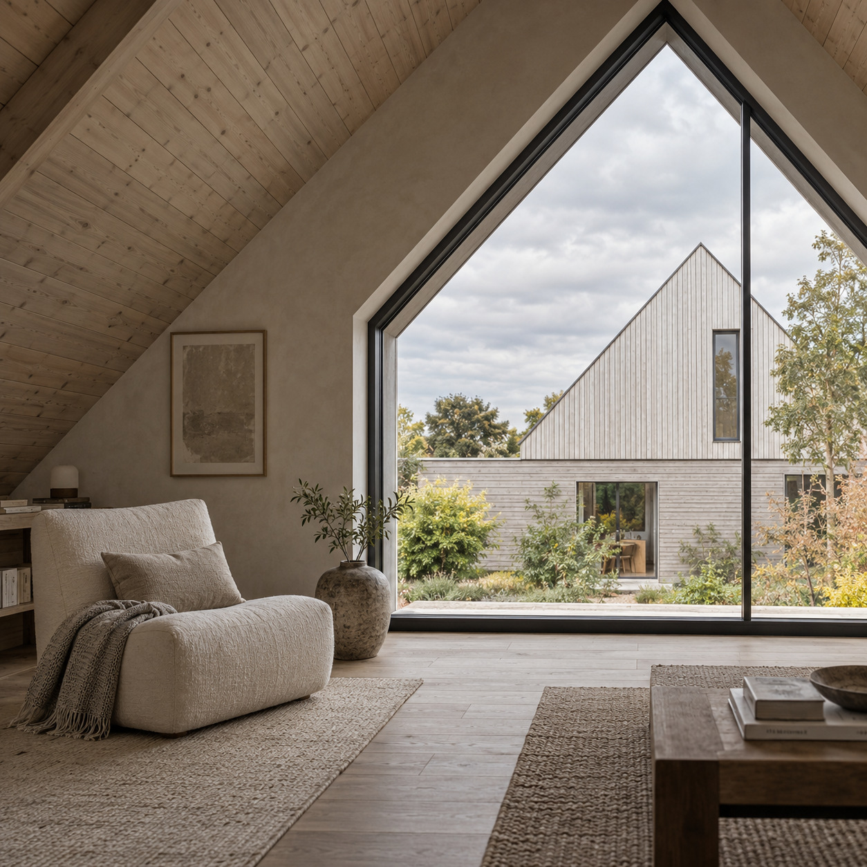 Loft lounge overlooking a vertically clad gable
