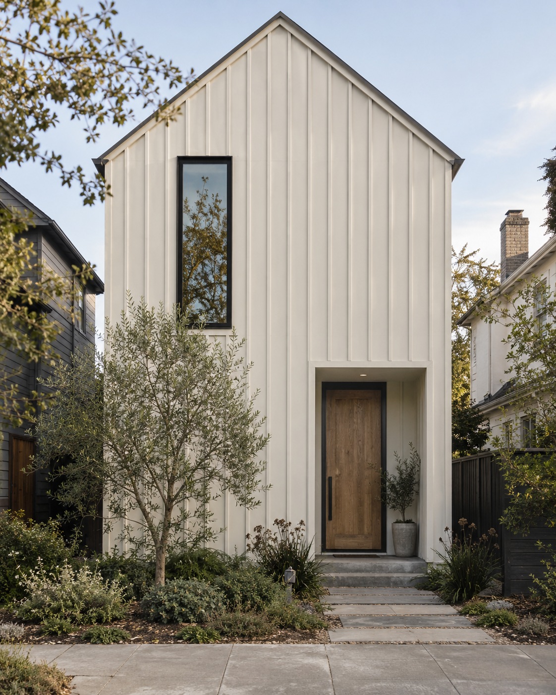 Compact gabled house with pale vertical board-and-batten siding