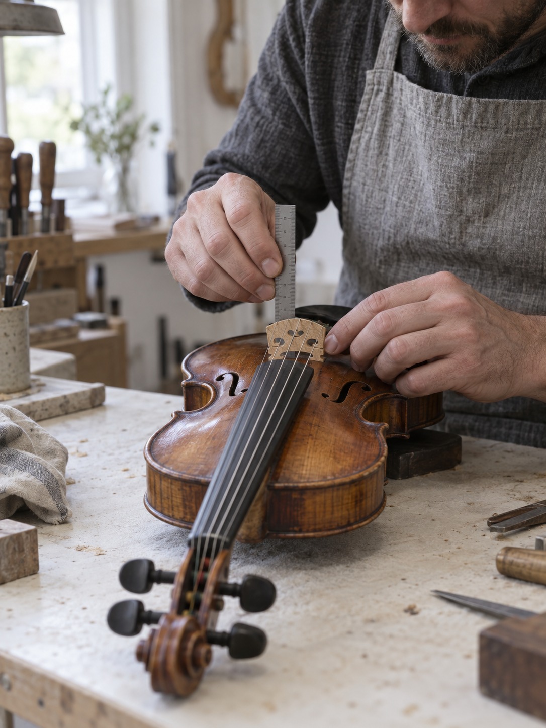 Checking a violin bridge Craftsperson checking a maple violin bridge with a small steel ruler | Sky Rye Design Craftsperson checking a maple violin bridge with a small steel ruler
