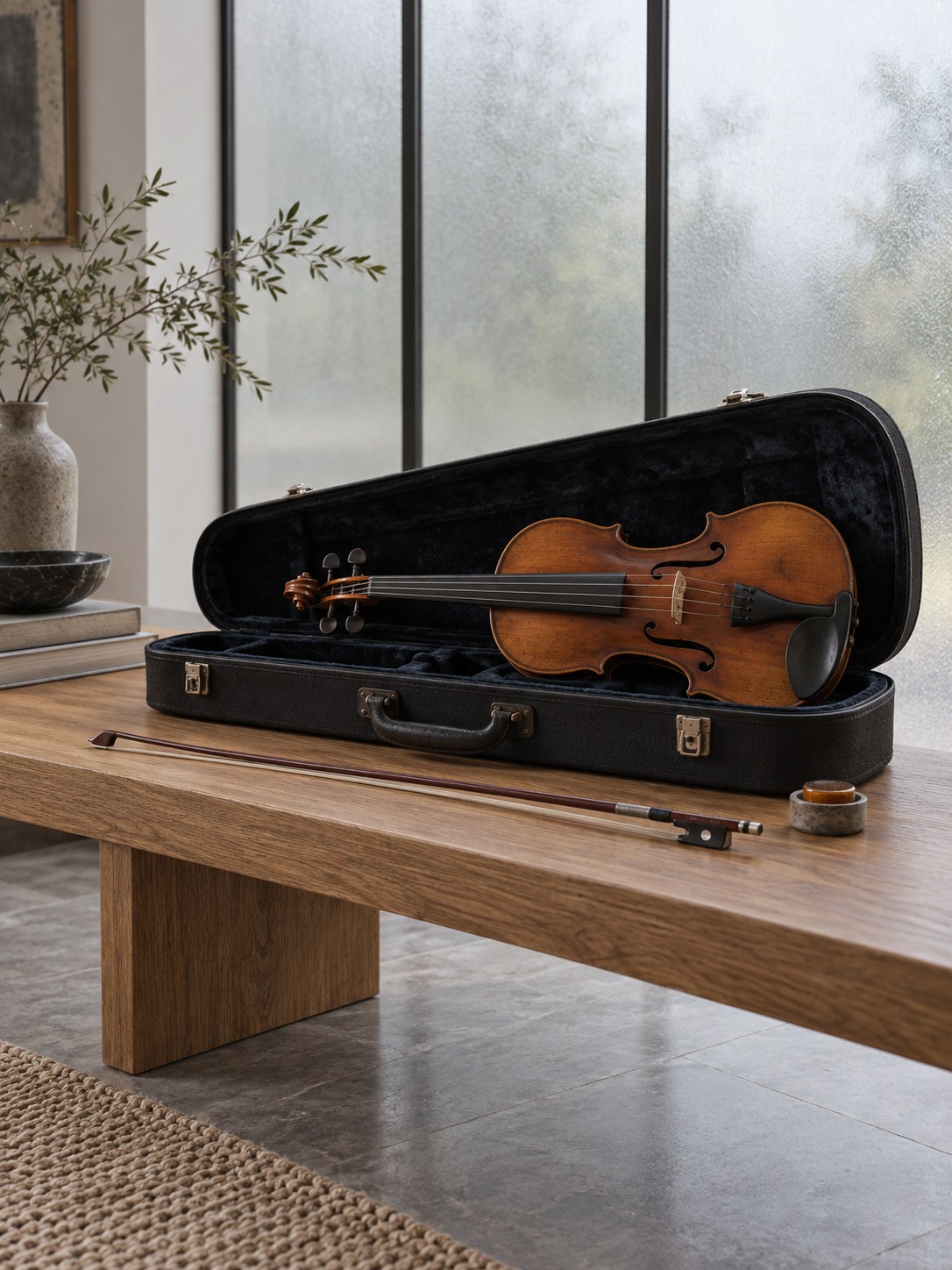 A violin outfit Violin in an open black case with a bow and rosin on a low oak bench | Sky Rye Design Violin in an open black case with a bow and rosin on a low oak bench