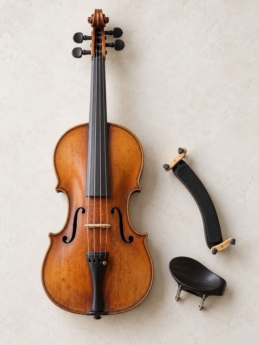 Chin rest and shoulder rest Violin with a detached chin rest and shoulder rest arranged beside it | Sky Rye Design Violin with a detached chin rest and shoulder rest arranged beside it