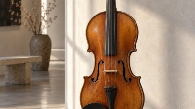 Amber violin on a slim black stand against a curved plaster wall