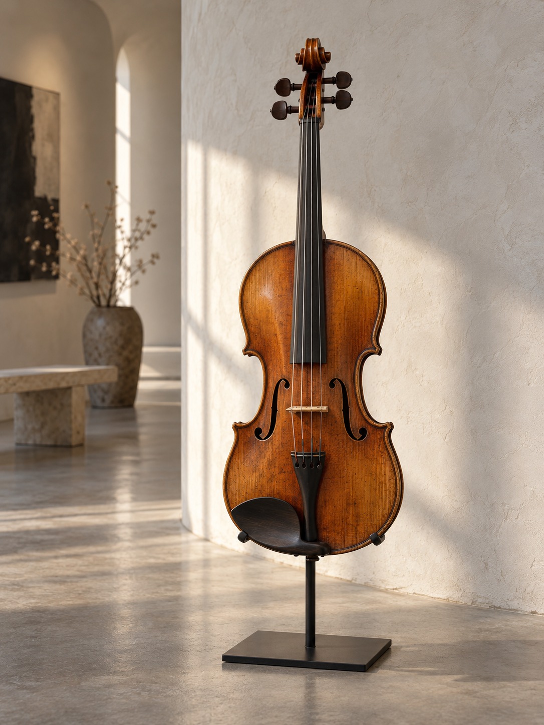 Violin on a gallery stand Amber violin on a slim black stand against a curved plaster wall | Sky Rye Design Amber violin on a slim black stand against a curved plaster wall
