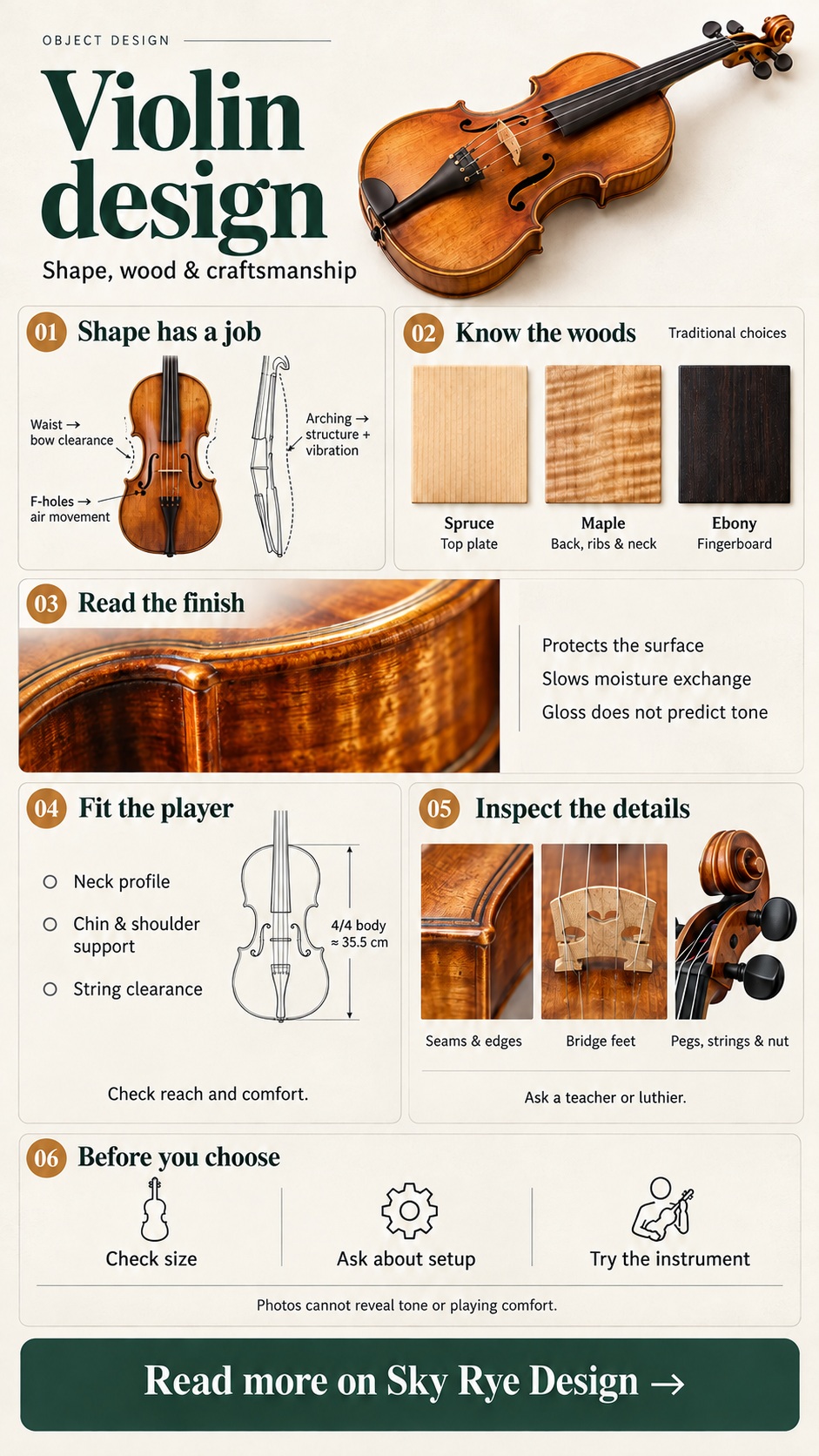 Violin design shape wood and craftsmanship infographic Violin design infographic showing body shape, spruce, maple and ebony, varnish, player fit and craftsmanship checks | Sky Rye Design Violin design infographic showing body shape, spruce, maple and ebony, varnish, player fit and craftsmanship checks