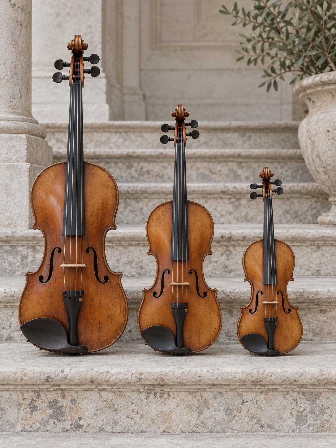 Comparing violin sizes= Three violins of decreasing size displayed on pale stone steps