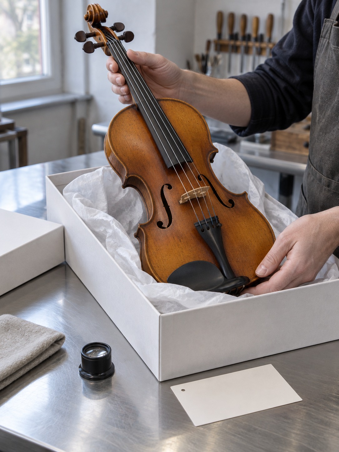 Inspecting a violin Violin partly lifted from a tissue-lined white box beside a luthier loupe | Sky Rye Design Violin partly lifted from a tissue-lined white box beside a luthier loupe