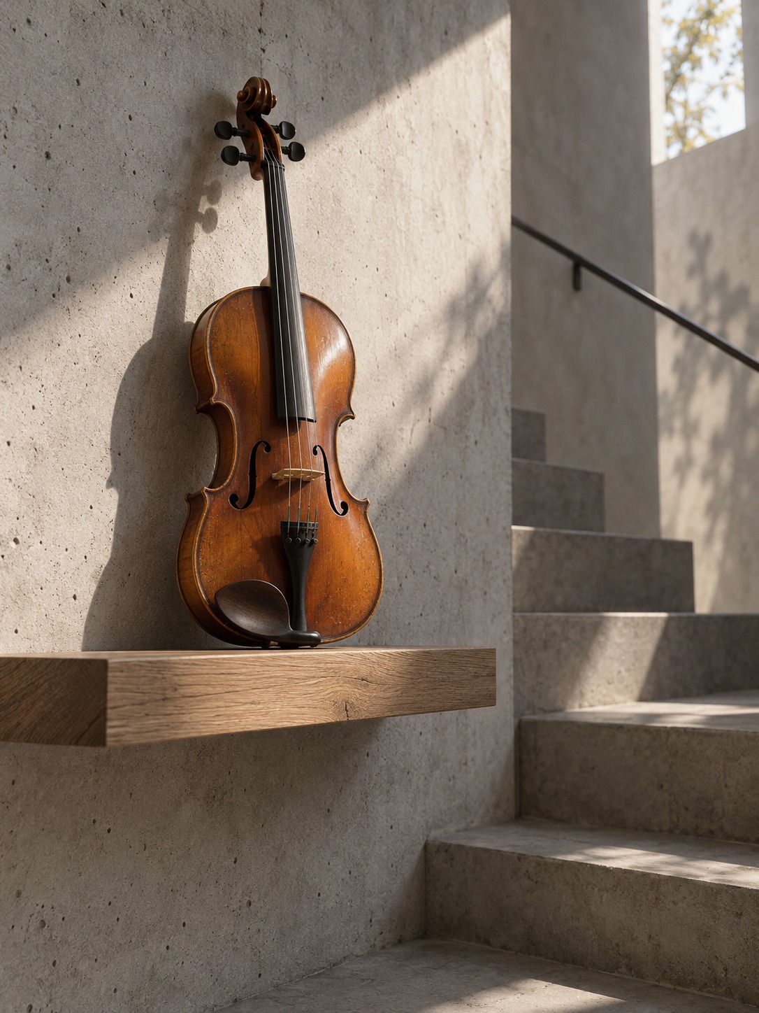 Studying a violin as an object Amber violin supported on an oak shelf in a pale concrete stairwell | Sky Rye Design Amber violin supported on an oak shelf in a pale concrete stairwell
