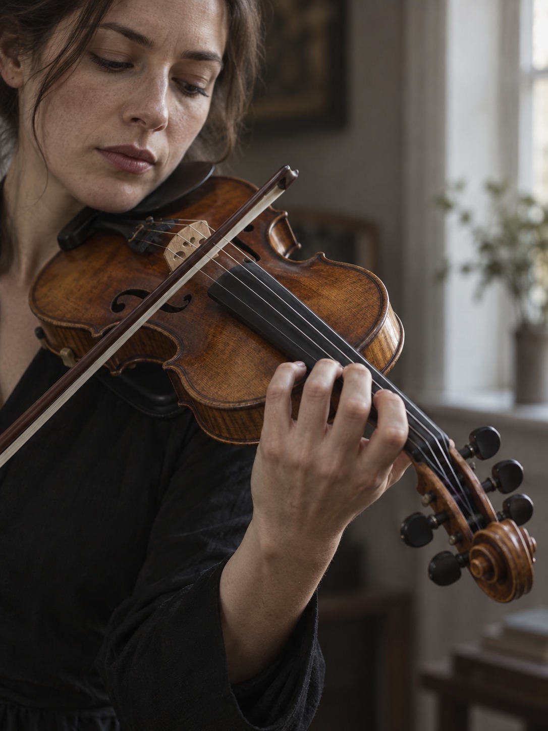 The fit of a violin Player holding a violin at the neck with curved fingers above the fingerboard | Sky Rye Design Player holding a violin at the neck with curved fingers above the fingerboard