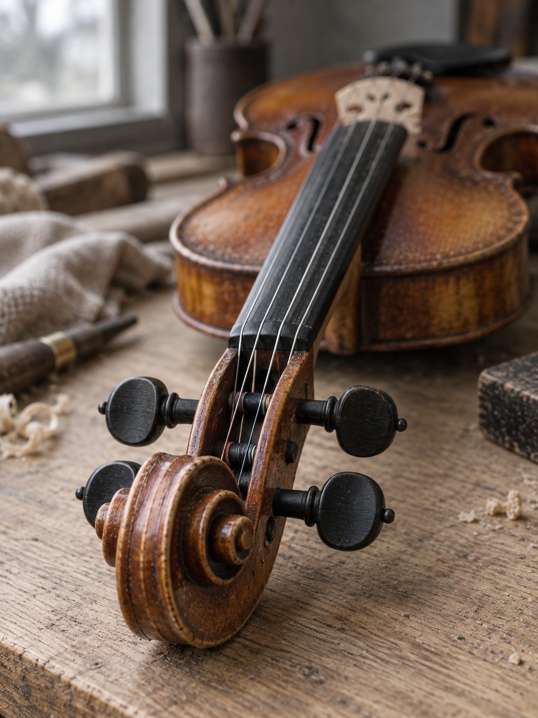 Scroll and tuning pegs Carved maple scroll and dark tuning pegs above an ebony fingerboard | Sky Rye Design Carved maple scroll and dark tuning pegs above an ebony fingerboard