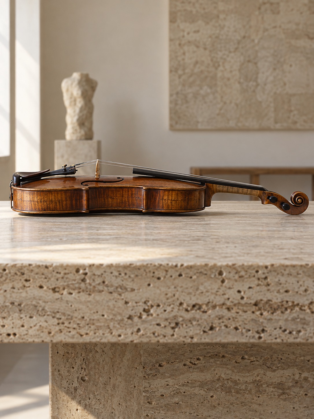 Violin arching in side view Side view of a violin on travertine showing the arched body and neck angle | Sky Rye Design Side view of a violin on travertine showing the arched body and neck angle