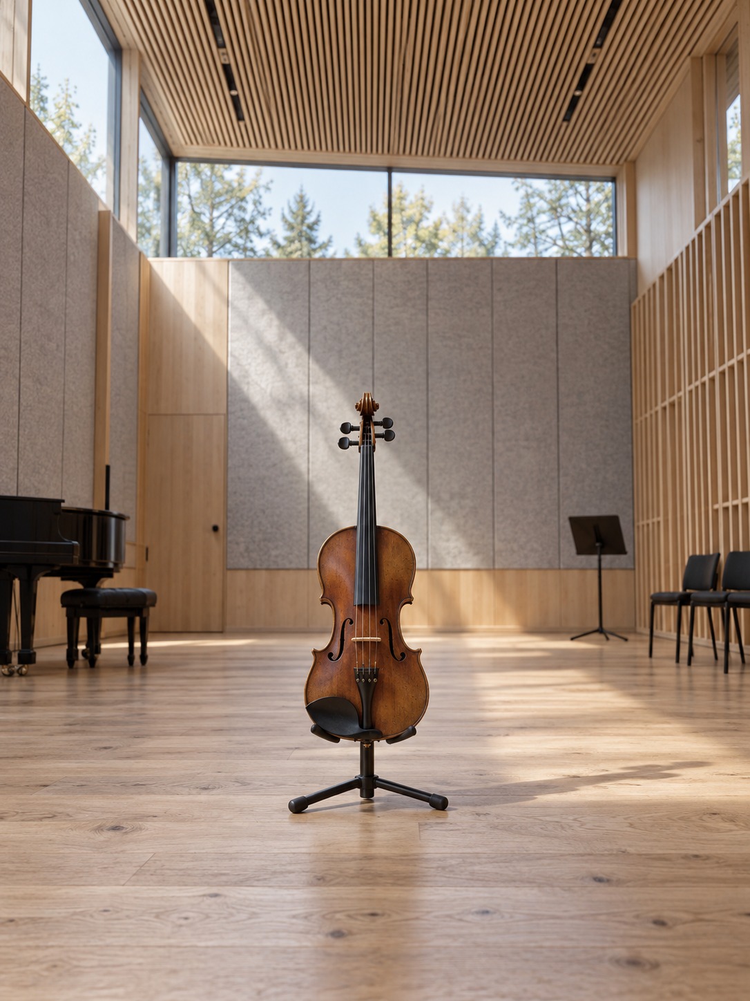 Violin in a rehearsal room Single violin on a stand in a pale timber rehearsal room with acoustic panels | Sky Rye Design Single violin on a stand in a pale timber rehearsal room with acoustic panels