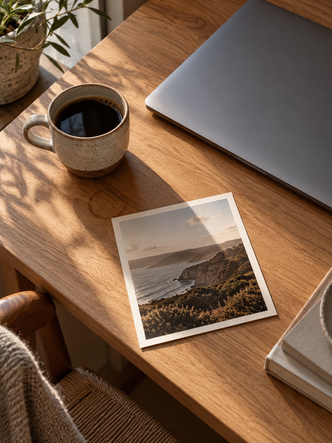 A neat desk corner with a laptop closed a printed photograph and a coffee cup calm late-afternoon light A neat desk corner with a laptop closed, a printed photograph and a coffee cup, calm late-afternoon light | Sky Rye Design A neat desk corner with a laptop closed, a printed photograph and a coffee cup, calm late-afternoon light