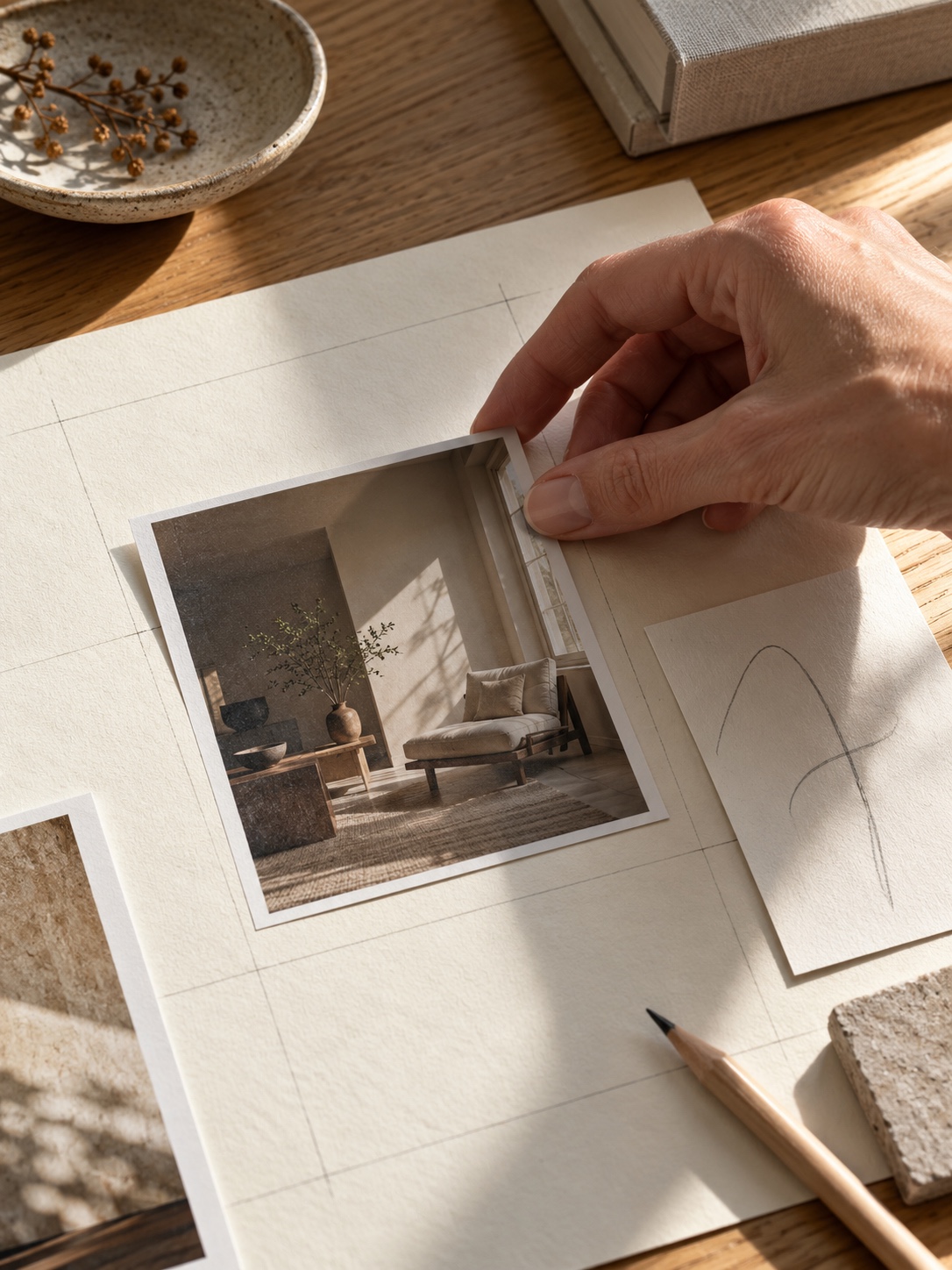 A hand placing one printed photograph on a simple grid with a small blank card marked by a pencil line beside it A hand placing one printed photograph on a simple grid, with a small blank card marked by a pencil line beside it | Sky Rye Design A hand placing one printed photograph on a simple grid, with a small blank card marked by a pencil line beside it
