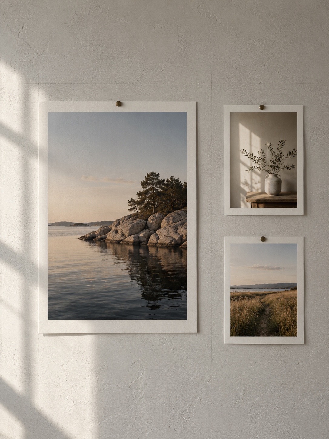 Three photographs on a pale wall one large and two small grouped with generous space between the groups Three photographs on a pale wall, one large and two small, grouped with generous space between the groups | Sky Rye Design Three photographs on a pale wall, one large and two small, grouped with generous space between the groups