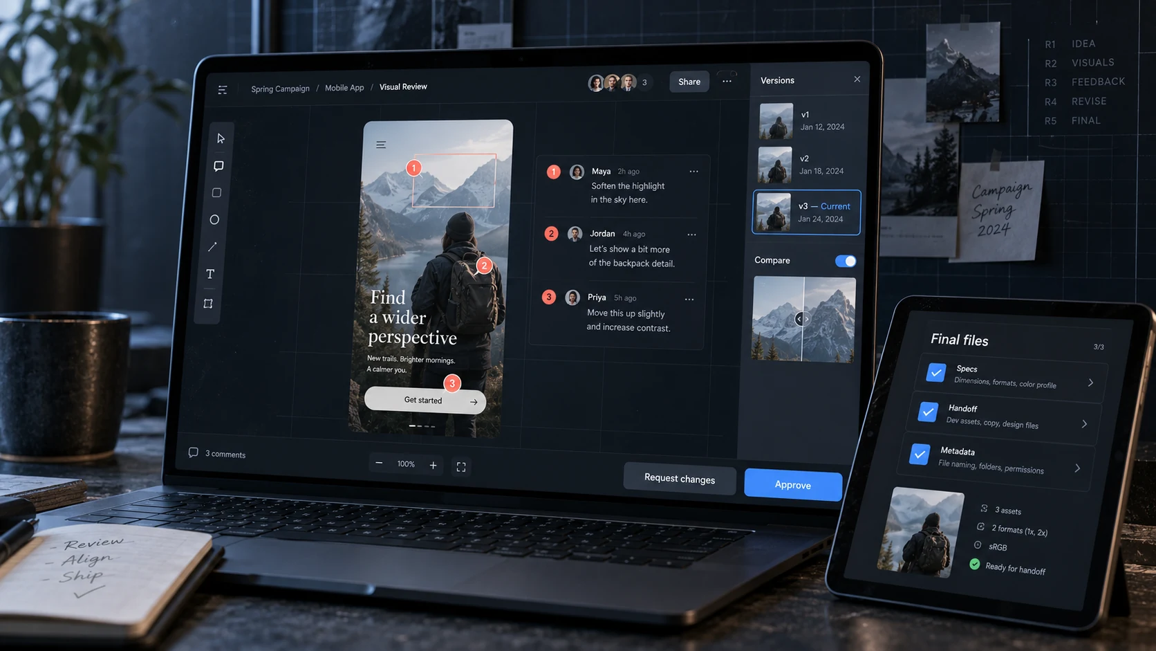 Visual design review interface showing comments, version control, approval, and asset handoff