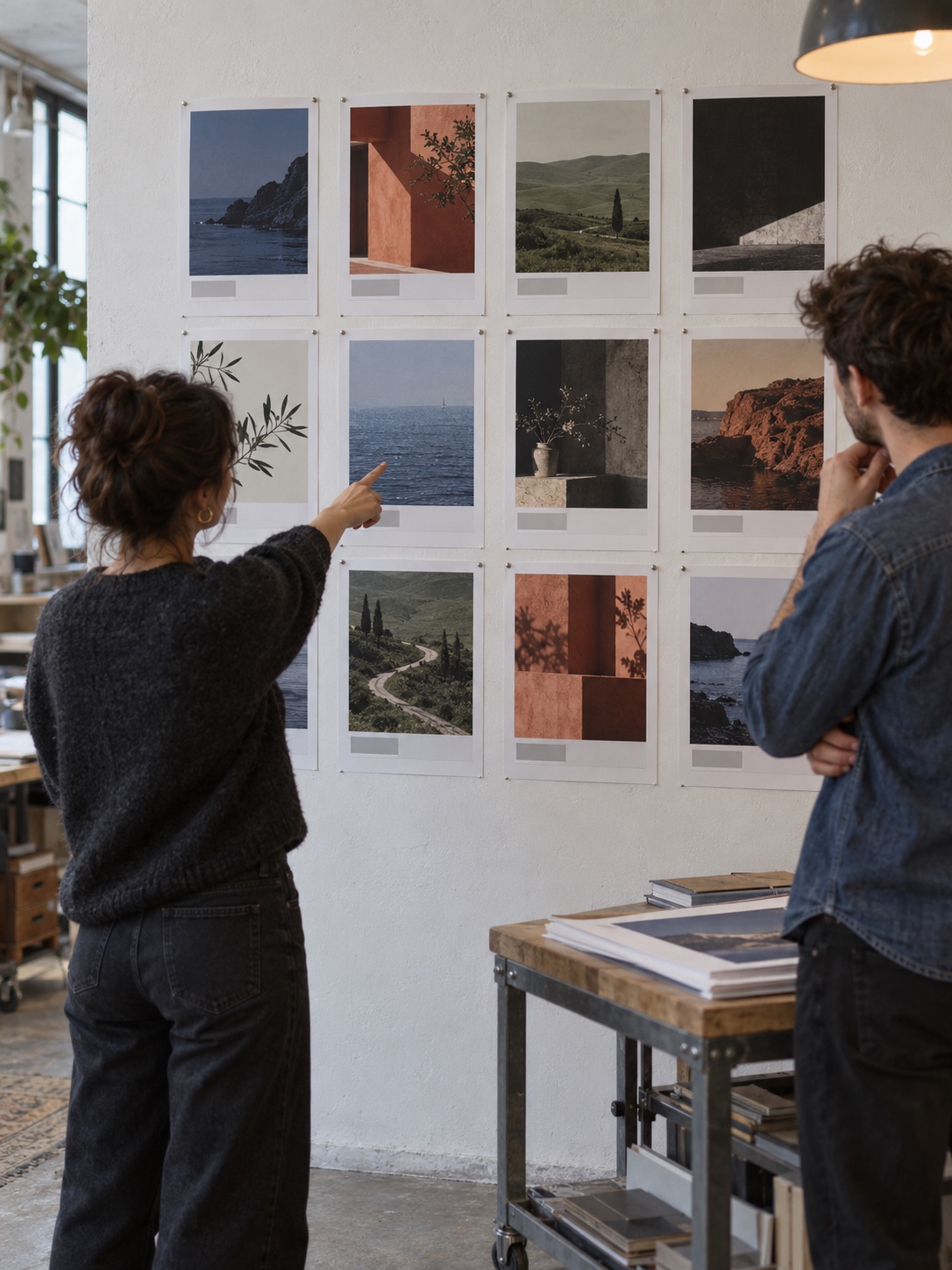 A consistent frame different work Two designers review a studio wall of printed project covers that share margins and caption placement but differ in color and composition | Sky Rye Design Two designers review a studio wall of printed project covers that share margins and caption placement but differ in color and composition