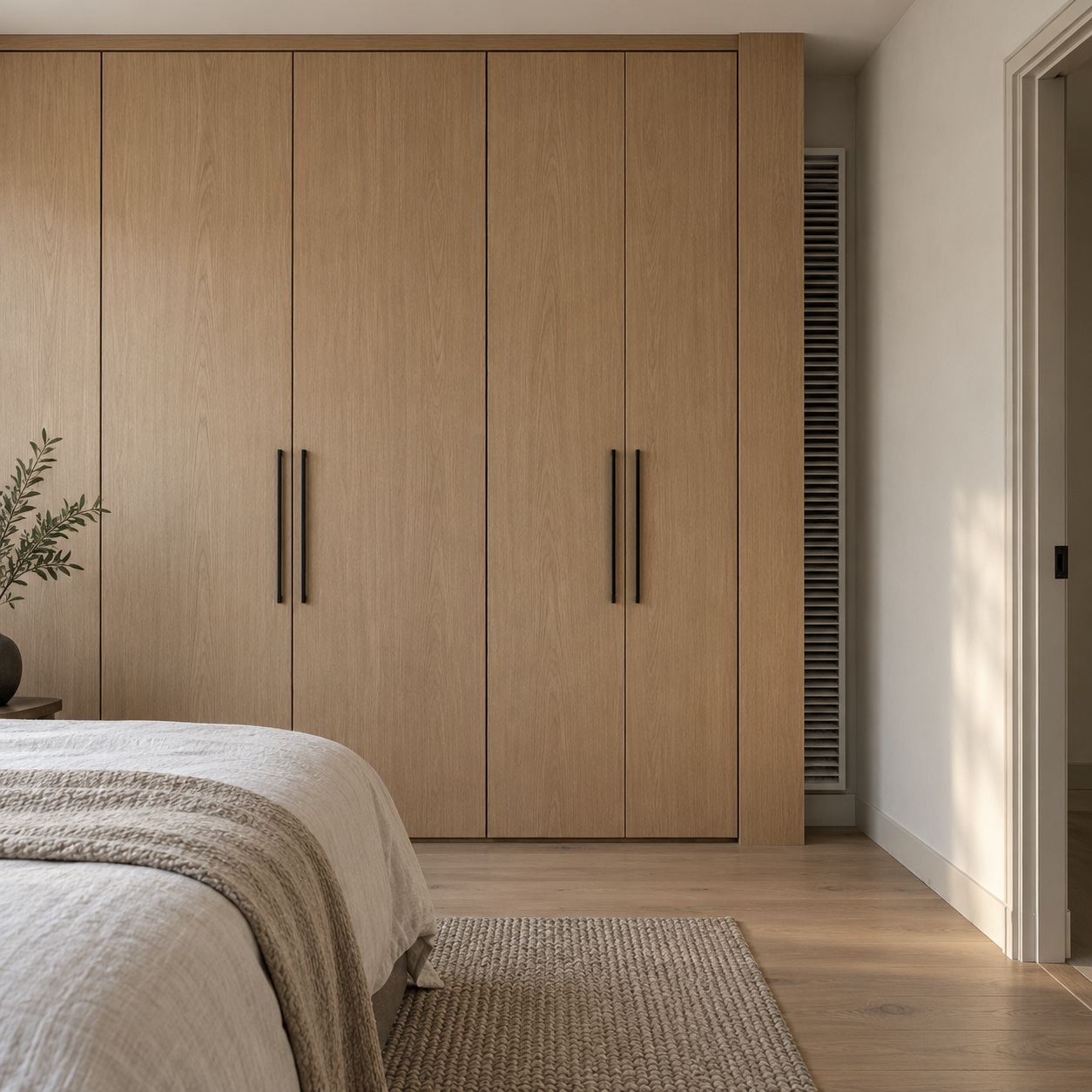 Built-In Wardrobe Blocking a Return Grille Pale oak wardrobe partially covering a return-air grille | Sky Rye Design Pale oak wardrobe partially covering a return-air grille