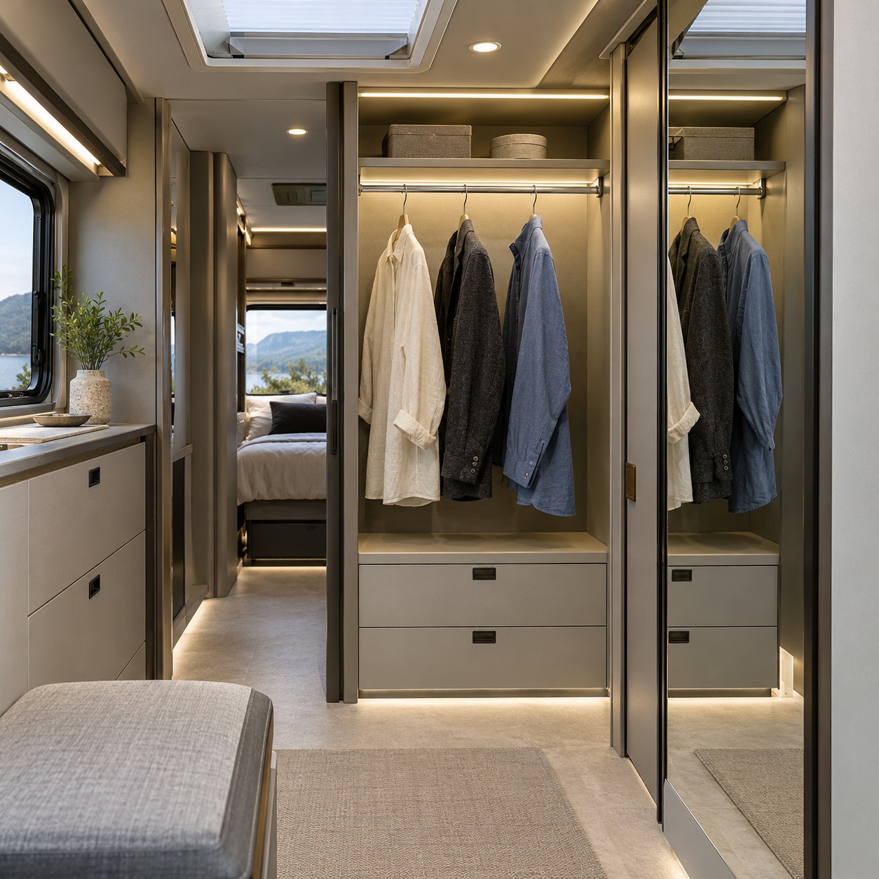 Neutral wardrobe fitting zone with even lighting, full-length mirror, and garments