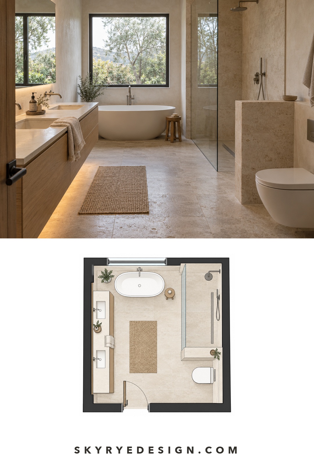 Warm Modern Bathroom Interior Plan Warm modern bathroom photograph paired with a top-down floor plan showing the vanity, tub, shower, toilet, and entry | Sky Rye Design Warm modern bathroom photograph paired with a top-down floor plan showing the vanity, tub, shower, toilet, and entry