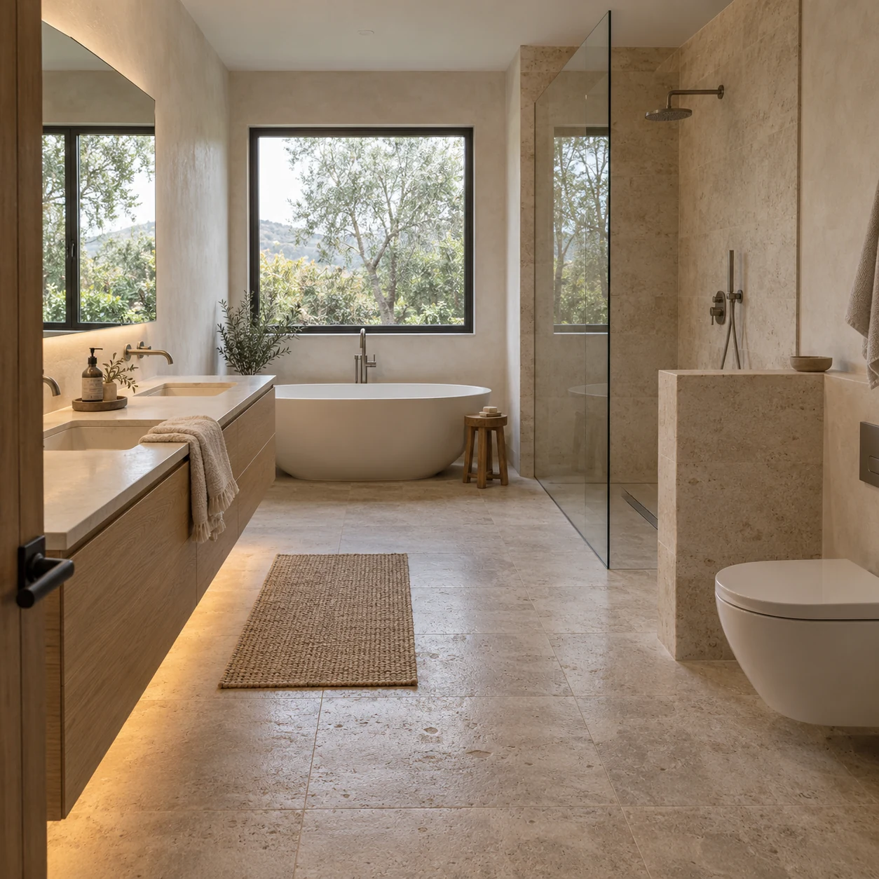 Warm Modern Bathroom Interior Warm modern bathroom with oak double vanity, travertine floor, freestanding tub, and glass walk-in shower | Sky Rye Design Warm modern bathroom with oak double vanity, travertine floor, freestanding tub, and glass walk-in shower