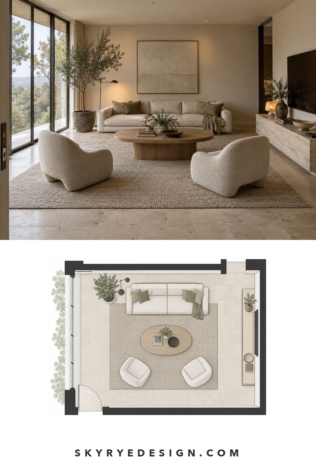 Warm modern living room photo paired with a top-down furniture floor plan