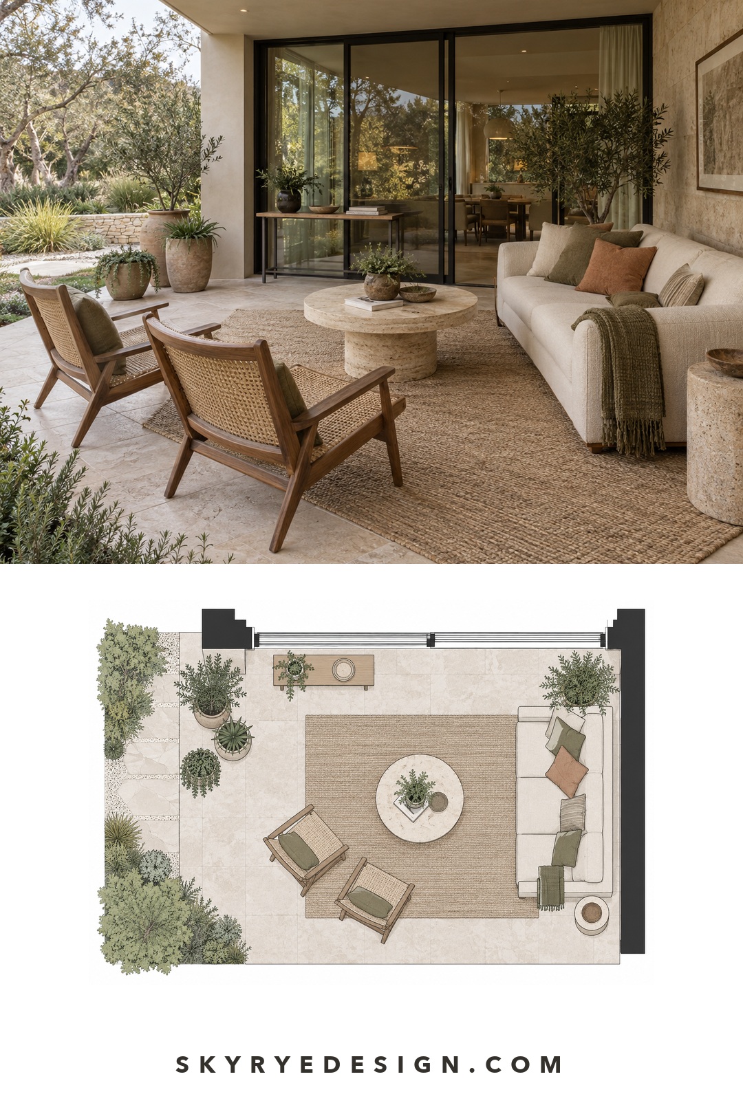Warm modern outdoor room photograph paired with a top-down plan showing the sofa, two lounge chairs, coffee table, glazing, planters, and circulation