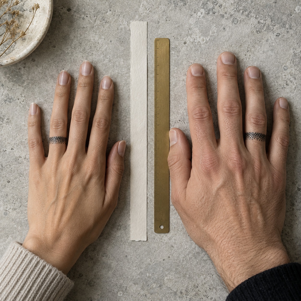 Two differently sized ring fingers with matching dotted bands beside a ruler