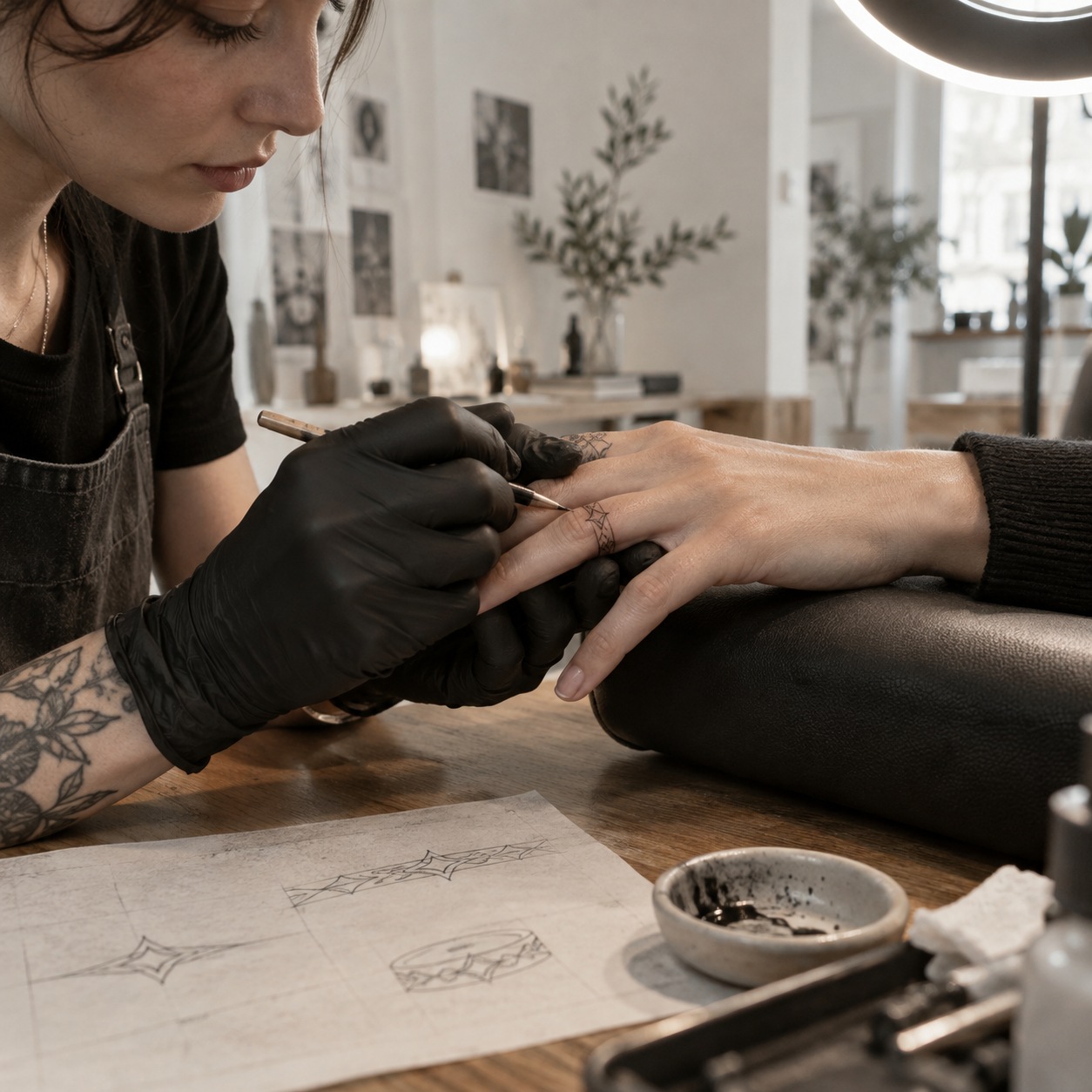 Tattoo artist holding a client's hand while reviewing a pencil band sketch