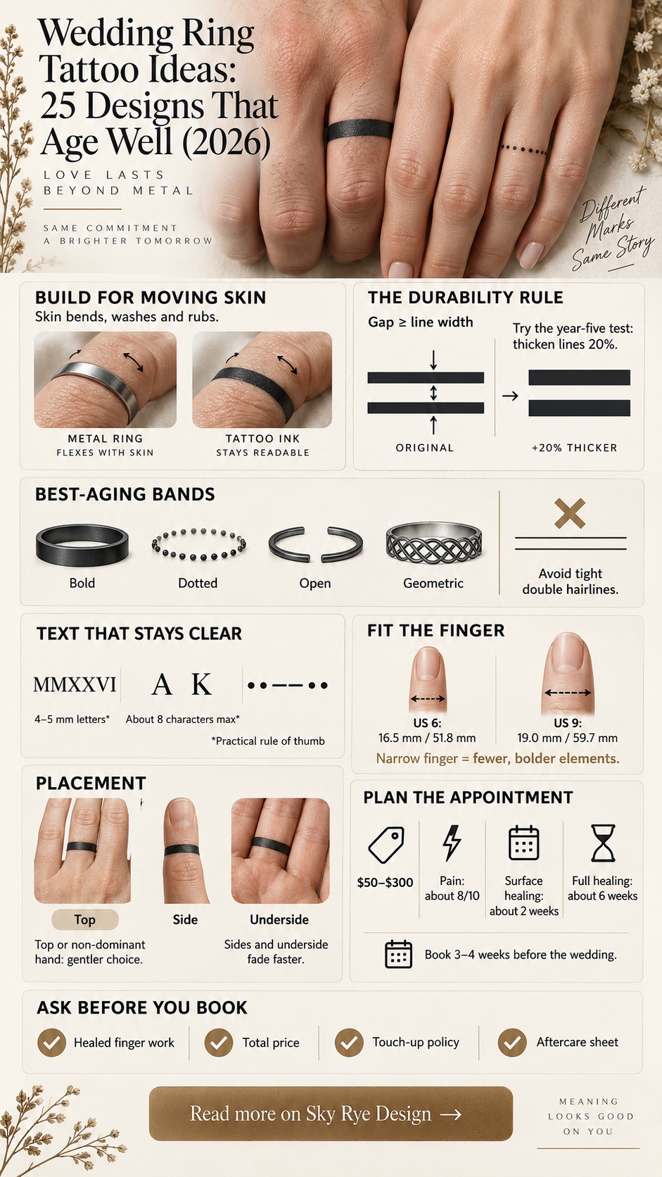 Vertical infographic explaining durable wedding ring tattoo designs, sizing, placement, cost and healing
