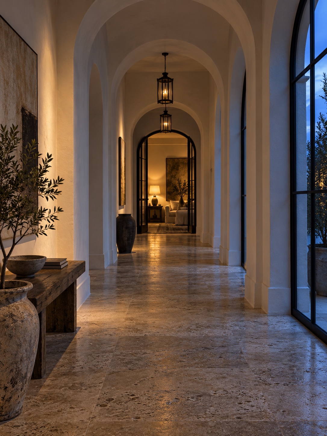 White arch corridor dusk White arched corridor with warm lamplight and cool dusk light | Sky Rye Design White arched corridor with warm lamplight and cool dusk light