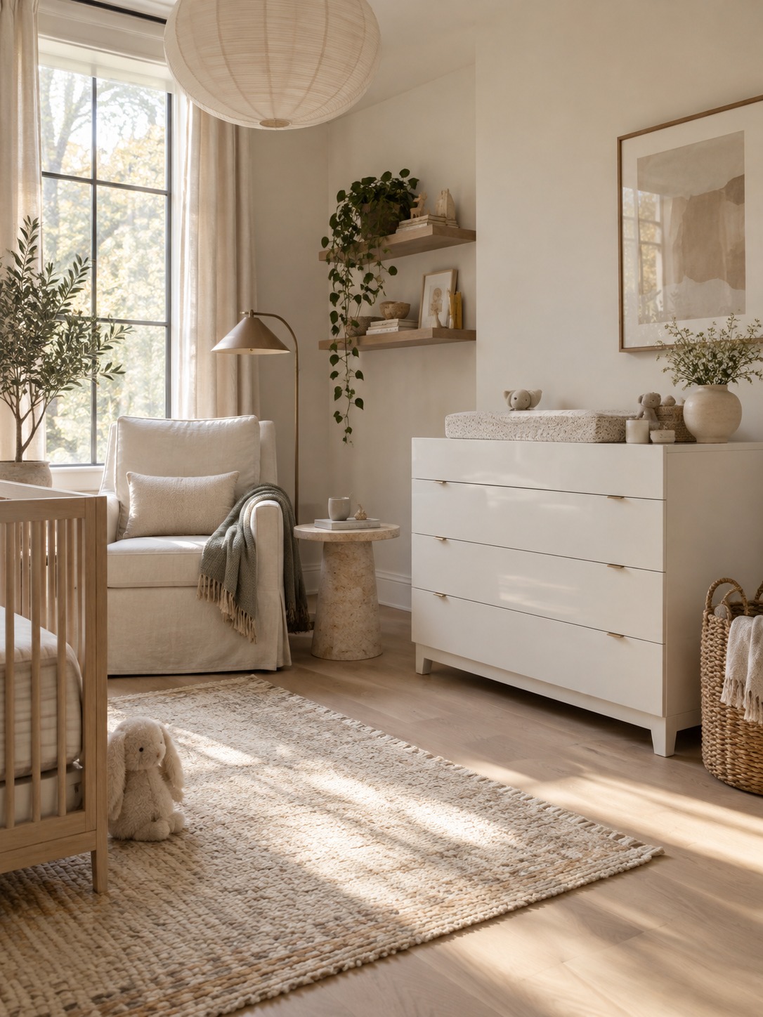 White four drawer nursery dresser White four-drawer dresser beside a linen chair in a bright nursery | Sky Rye Design White four-drawer dresser beside a linen chair in a bright nursery