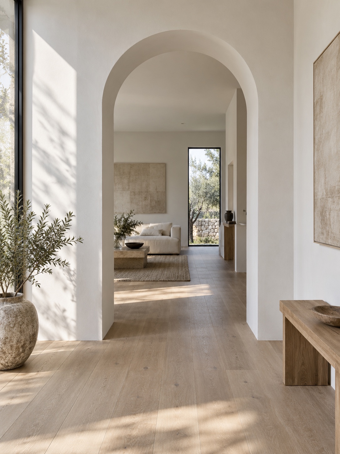 White plaster arched hallway White plaster arch in a minimalist hallway with pale oak flooring and side light | Sky Rye Design White plaster arch in a minimalist hallway with pale oak flooring and side light